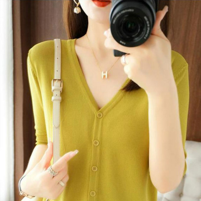 솔레일 여성용 미디움 버튼 루즈핏 반팔 니트 가디건