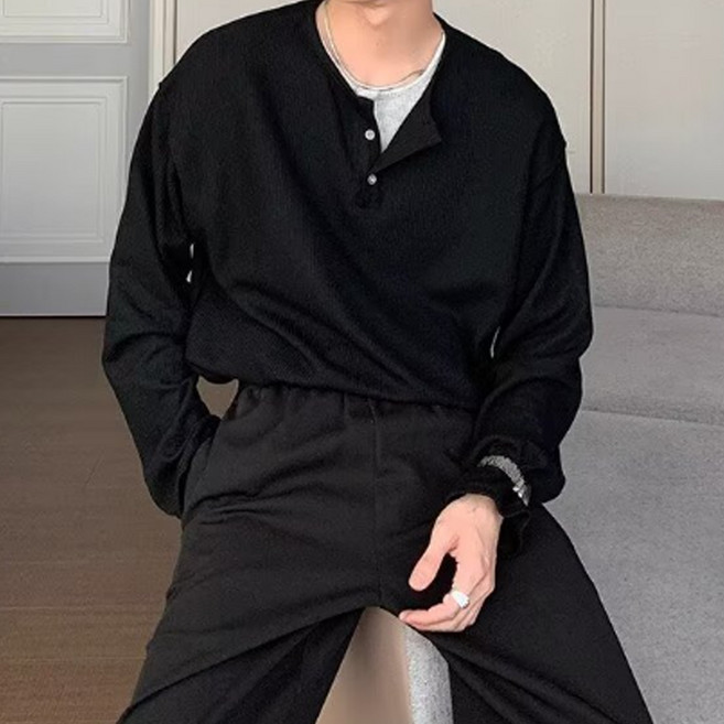 男士 DM 假兩件式亨利領長袖T恤