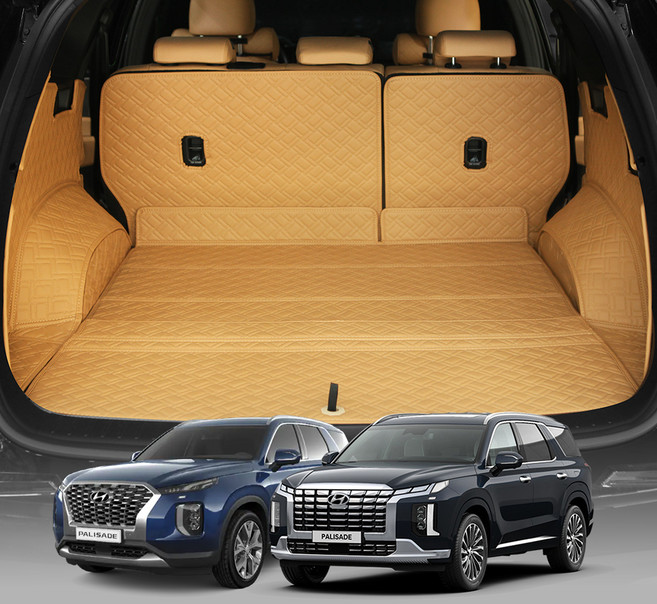 디테일링 우븐블럭 프리미엄 풀커버 트렁크매트 + 킥매트 + 가죽보호제 세트, 새들브라운 + 아이보리, 더 뉴 팰리세이드 7인승 3열 수동폴딩(LX2,LX2 FL)