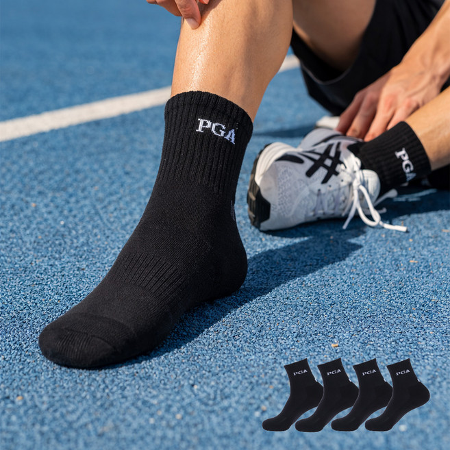 피지에이 2중쿠션 스포츠 골프 중목양말 4족 피지에이M-68, 블랙, 4개