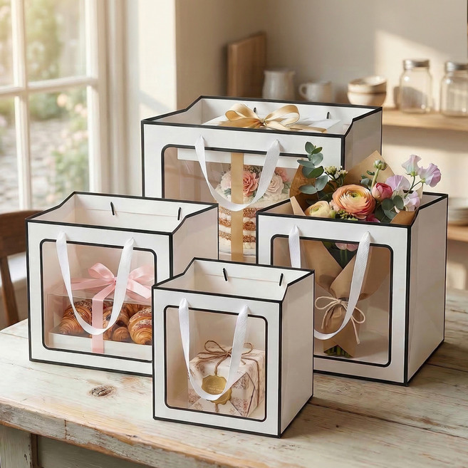 펜시픽 바닥넓은 정사각 투명창 윈도우 쇼핑백, 화이트라인, 5개