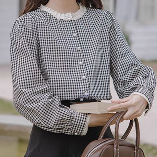 어썸풀 여성용 알파톤스 체크 프릴 블라우스 A26SPBL122333