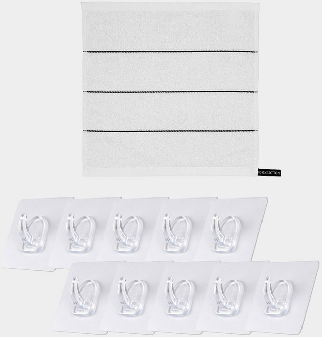 모나코올리브 호텔식 스트라이프 핸드타월 + 흡짱매직 후크 오리지널 10p 세트, 화이트(핸드타월), 투명(후크), 1세트