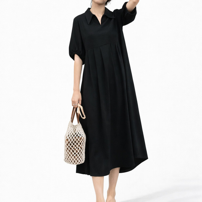 TheSirup 女款翻領細褶氣球袖長版短袖連身裙, 黑色
