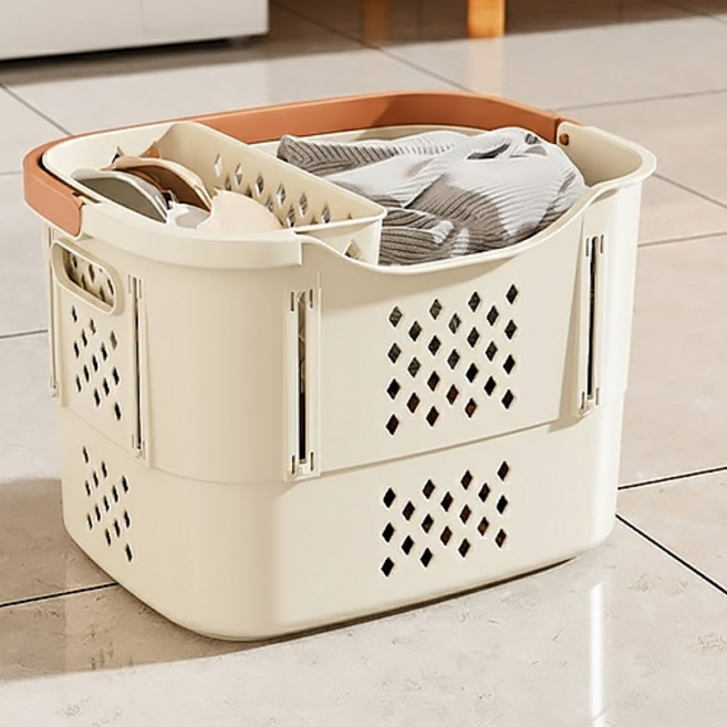 PDS리빙 통풍 잘되는 공간절약형 다용도 세탁바구니 2단 확장형, 크림 화이트