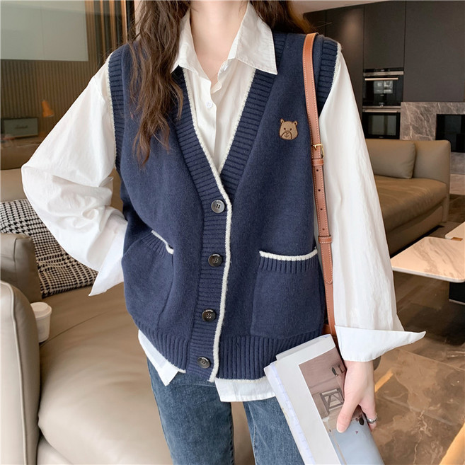 I'M MONG 女款 Stitchery V領口袋亮點縫線針織背心