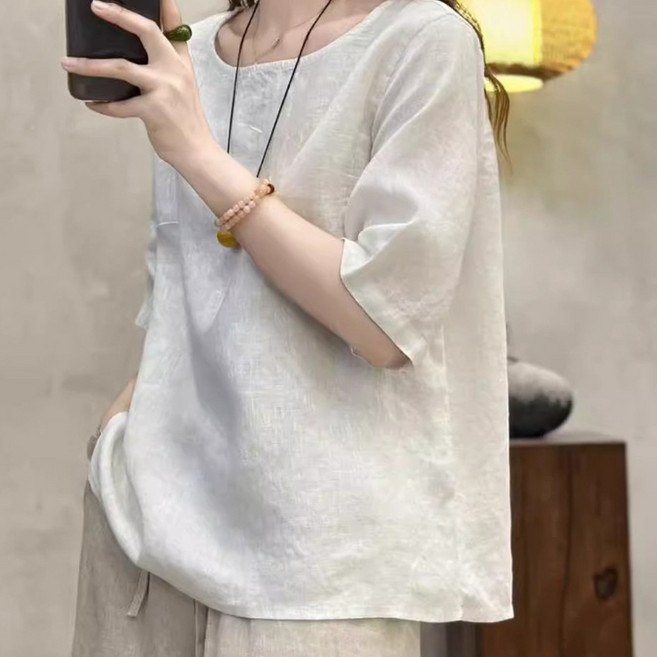 반야스토리 여성용 루즈핏 린넨 반팔 티셔츠 QQ87