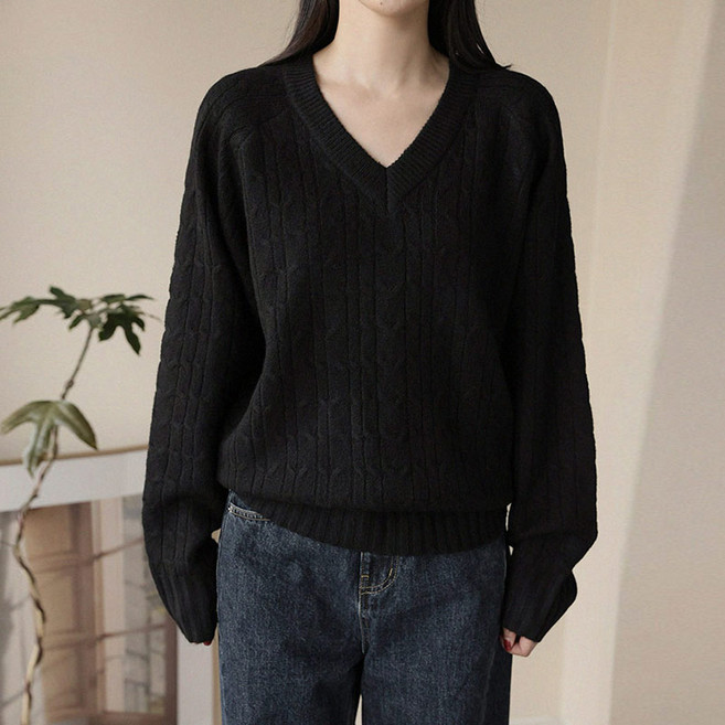 앤드스타일 여성용 웜소프트 5탄 울혼방 케이블 브이넥 루즈핏 데일리 니트 264994