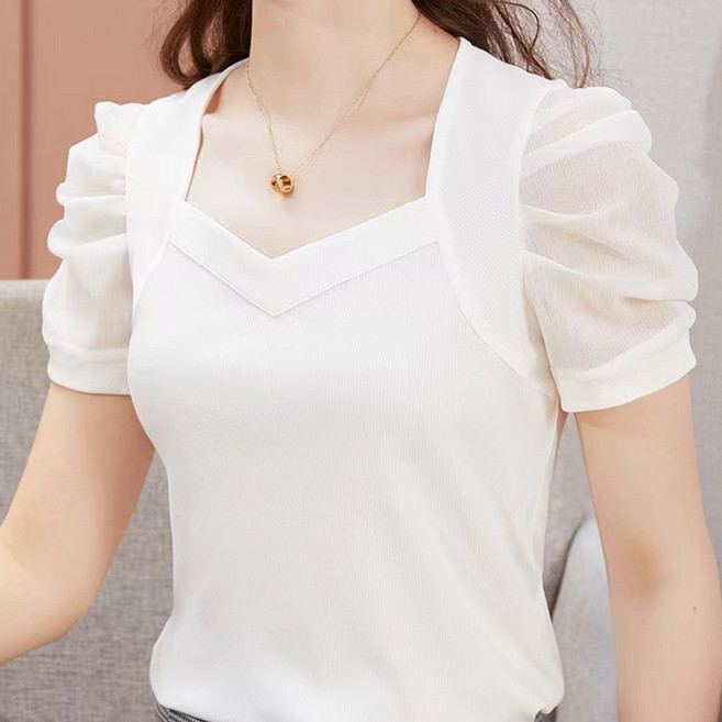 반야스토리 여성용 QQ14 브이넥 퍼프 소매 니트 반팔 티셔츠