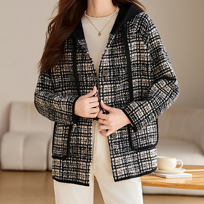 아뗄릭 여성용 벨리시마 후드 스트링 체크 모직 자켓 11208