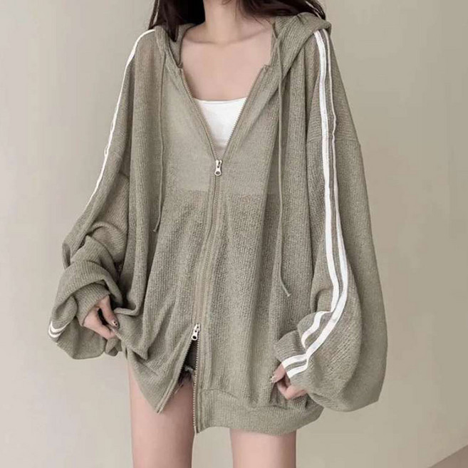 TheSirup 女款透視薄款側邊線條雙向連帽拉鍊外套