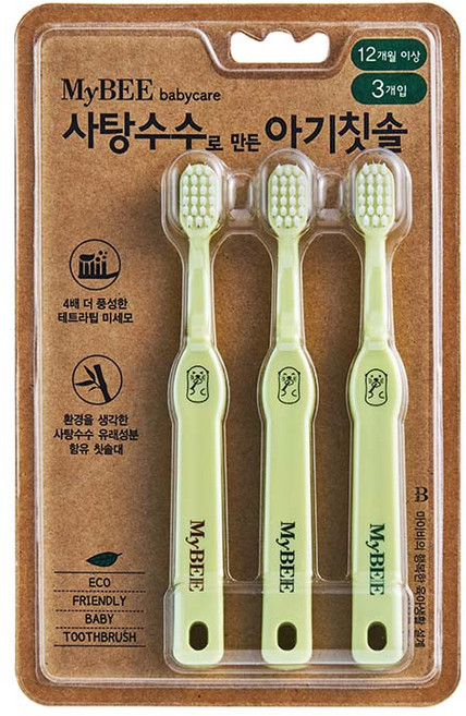 마이비 사탕수수로 만든 아기칫솔, 혼합 색상, 3개입, 1개