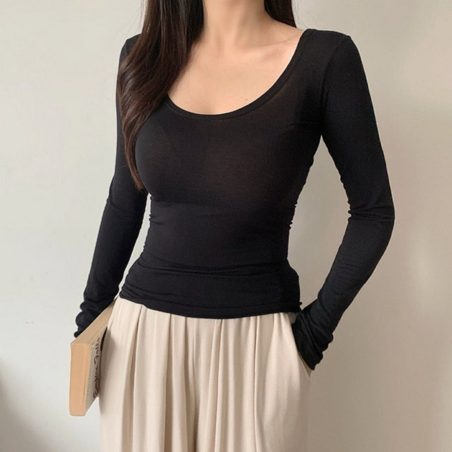 라라온 여성용 스판 U넥 슬림핏 긴팔 티셔츠 26TSP3675