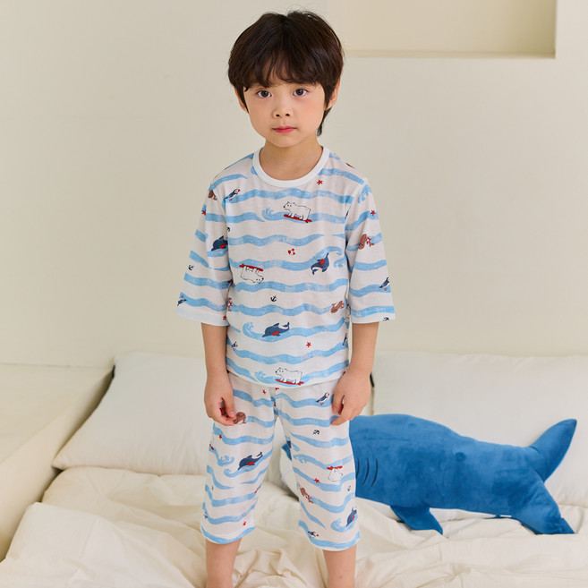 올로미미 키즈라인 아동용 자카드 파도 7부 실내복 세트