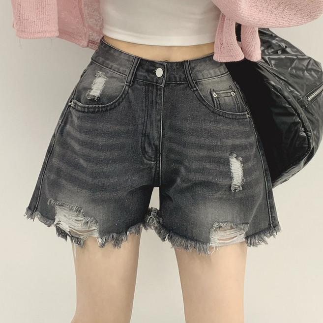 위드후이린 여성용 숏 포인트 찢청 데님 반바지
