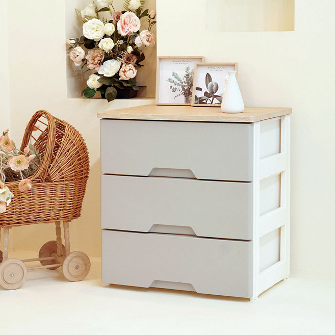 보노하우스 국내 제조 모던플러스 우드 상판 서랍장, 라이트그레이, 3단