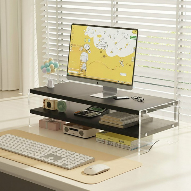 더플로우커머스 감성 우드 투명 아크릴 데스크탑 수납 랙 2단 모니터 거치대, 블랙