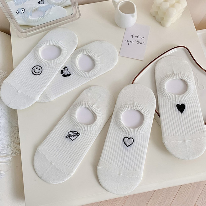 워더미 여성용 심플 블랙 자수 덧신 페이크삭스 5족 세트 W913