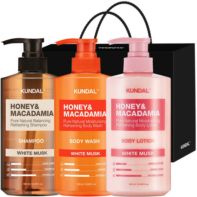 쿤달 샴푸 500ml + 바디워시 500ml + 바디로션 500ml 3구 선물세트 C 화이트머스크 + 쇼핑백 블랙, 1세트