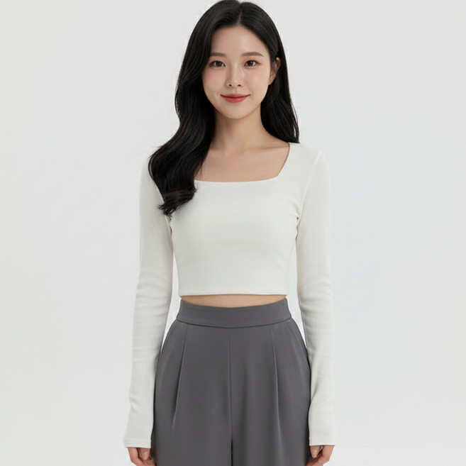 Marketpia 女款方領長袖短版T恤