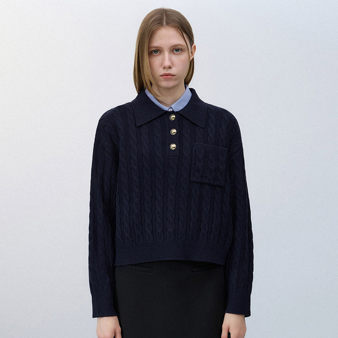 리스트 여성용 버튼 포인트 케이블 카라 니트 TSKPOO80010