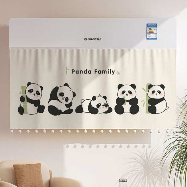 릴리픽 바람막이 에어컨 가리막 커튼 90 x 50 cm + 벨크로 세트, 1세트, 커튼(팬더 패밀리 베이지)