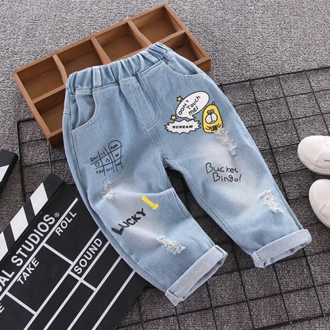 JOYMULTI 兒童復古印花丹寧鬆緊牛仔褲