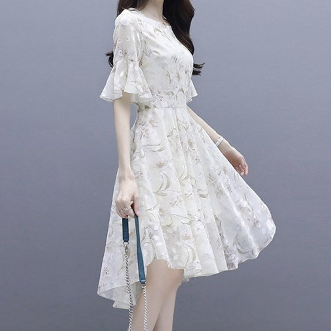 MMMII 女性袖口荷葉邊清純雪紡連身裙 MMM548 含大尺碼, 米色