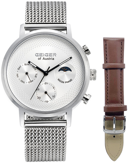 가이거 남성용 썬앤문 멀티 메쉬시계 GE1215WT + 가죽밴드 세트