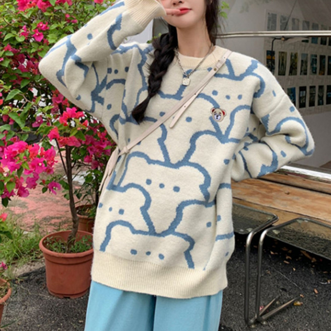 알로데 여성용 베어 자수 오버핏 스웨터