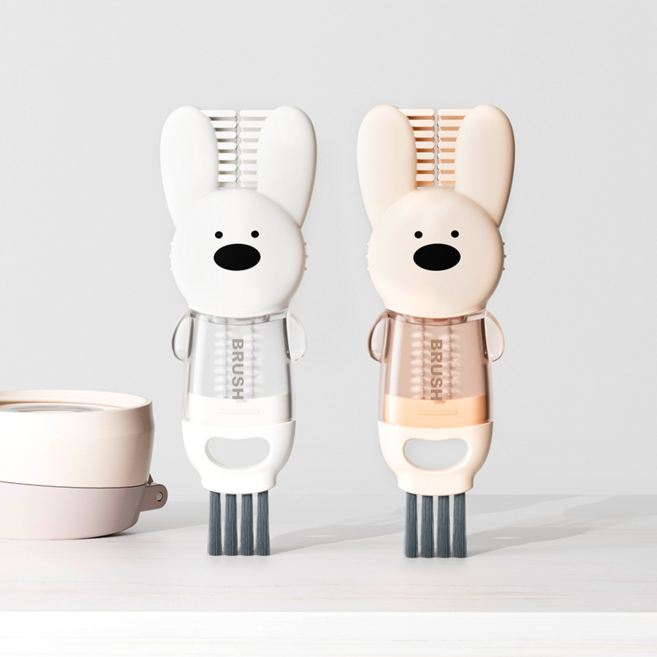 므뮤 토끼 다기능 텀블러 3 in 1 뚜껑 틈새 브러시 2종 세트, 화이트 + 핑크, 1개