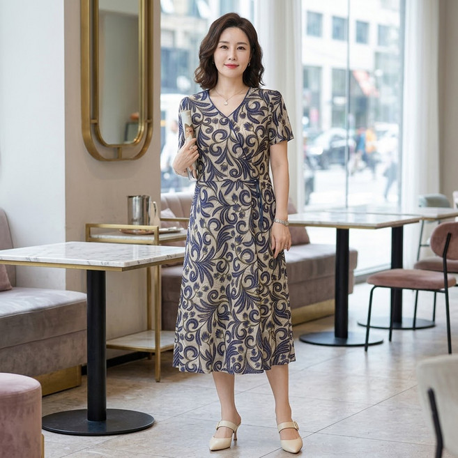 인피어스 여성용 그레이스 플로럴 중년 반팔 원피스 I263-0171