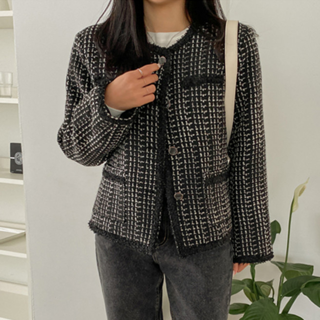 화이트폭스 여성용 라운드 노카라 트위드 자켓