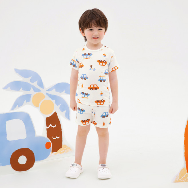 olomimi 男童衝浪車莫代爾彈性纖維五分家居服套裝