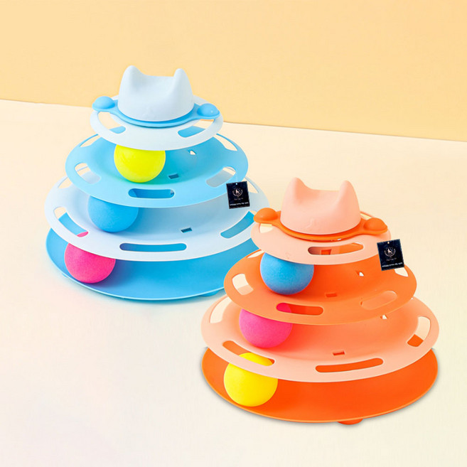 딩동펫 고양이 트럼펫 턴테이블 4단 트랙볼 장난감 2종 세트, 오렌지, 블루, 1세트