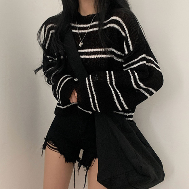 LUNA GIRL 女款喀什米爾條紋短版針織衫 L25FKN071701