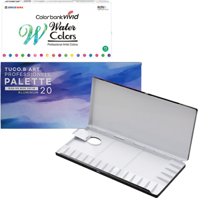 투코비 프리미엄 알루미늄 미술용 팔레트 + 종이나라 비비드컬러 수채화 물감 13종 x 7.5ml 세트, 20칸, 1세트