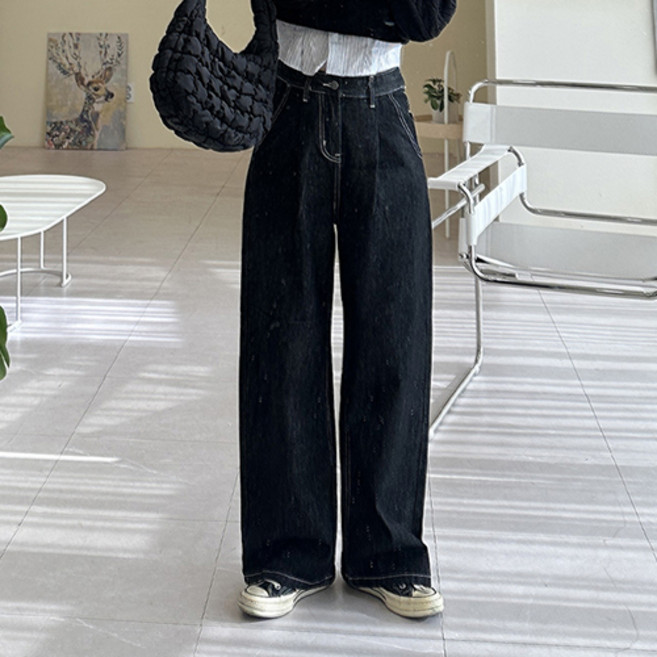 레몬소울 여성용 가온 논페이드 원턱 와이드 데님 팬츠 00294