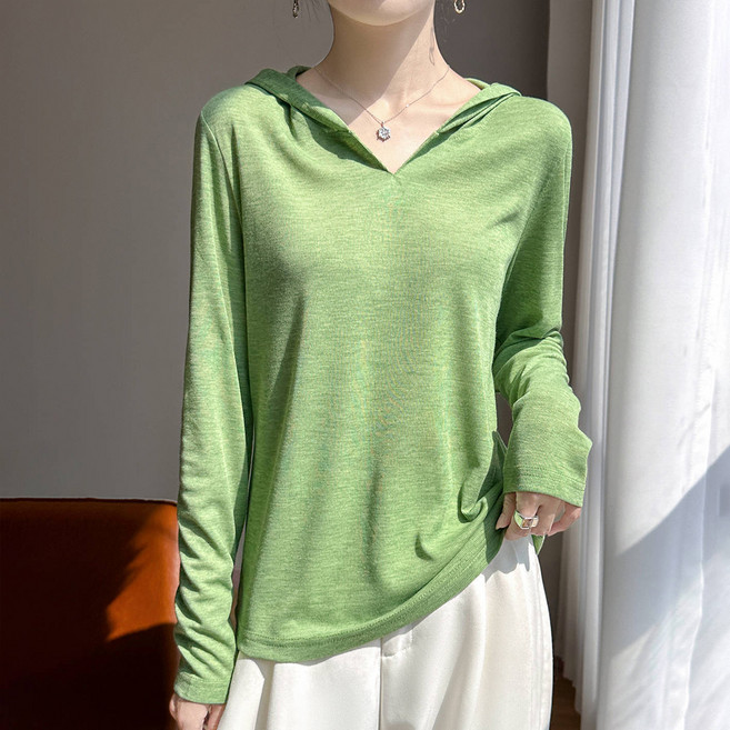 더시럽 여성용 미니멀 단색 얇은 니트 후드 티셔츠