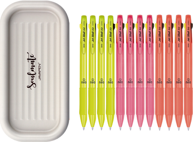 자바펜 제트 3볼 Biz 네오 0.7 유성 흑 + 적 + 0.5 형광 펜 3종 x 4p + 펜트레이 세트, 옐로우, 오렌지, 핑크(펜), 베이지(트레이), 1세트