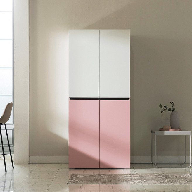 장인가구 E0 플레이트 주방수납장 800 방문설치, 화이트+핑크