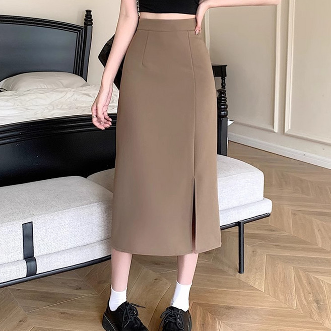 엘쏘 하이웨스트 슬릿 심플 H라인 밴딩 롱스커트