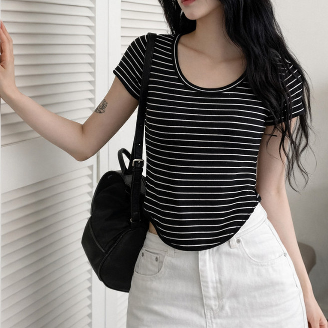 라라온 여성용 단가라 라운드넥 스판 슬림 반팔 티셔츠 26TSP3832