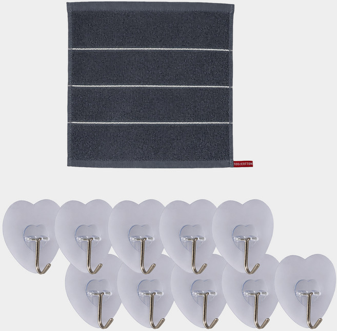 모나코올리브 호텔식 스트라이프 핸드타월 + 하트매직 후크 10p 세트, 그레이(핸드타월), 원 컬러(후크), 1세트