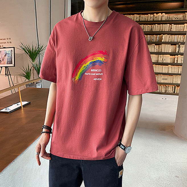 무지개 페인팅 디자인 심플 캐주얼 반팔 티셔츠