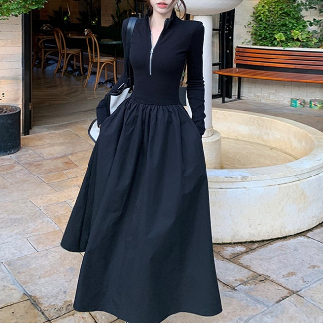 피어니스트 폴라 터틀넥 지퍼 반집업 롱 원피스