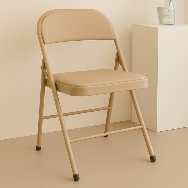 일상도구 철제 접이식 쿠션 등받이 의자, 베이지, 1개