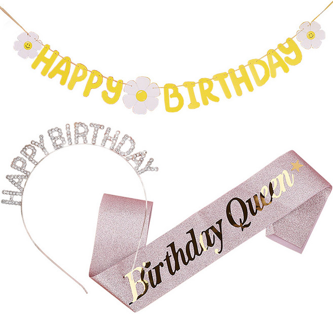 조이파티 데이지 생일 가랜드 + 메탈릭 생일 머리띠 + 글리터 생일 어깨띠 Birthday Queen 세트, 옐로우(가랜드), 로즈골드(머리띠), 로즈골드(어깨띠), 1세트