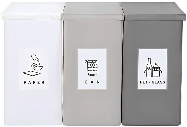 Nature Living 加長款 反轉魅力 回收分類桶 附蓋式 三件組, 深灰色+米色+白色