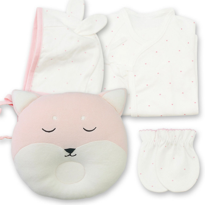 베이비베어 유아용 하트 배냇저고리 + 손싸개 + 신생아모자(보닛) + 여우짱구베개 세트